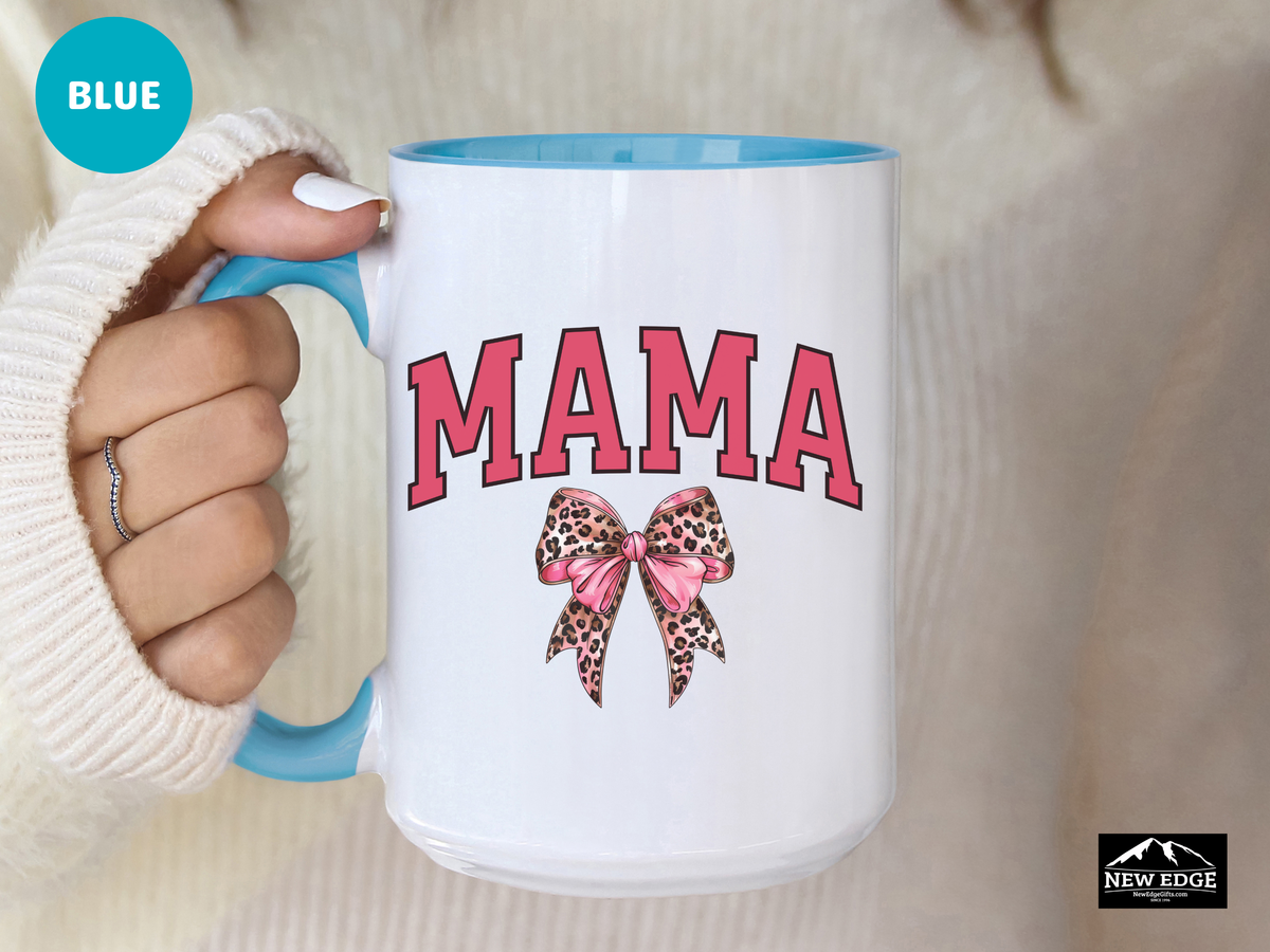 MAMA Letters Coffee Mug with Leopard Print Coquette Bow – 11oz & 15oz Accent Mug – Stylish Chic Mama Gift – Cute Animal Print Coffee Cup