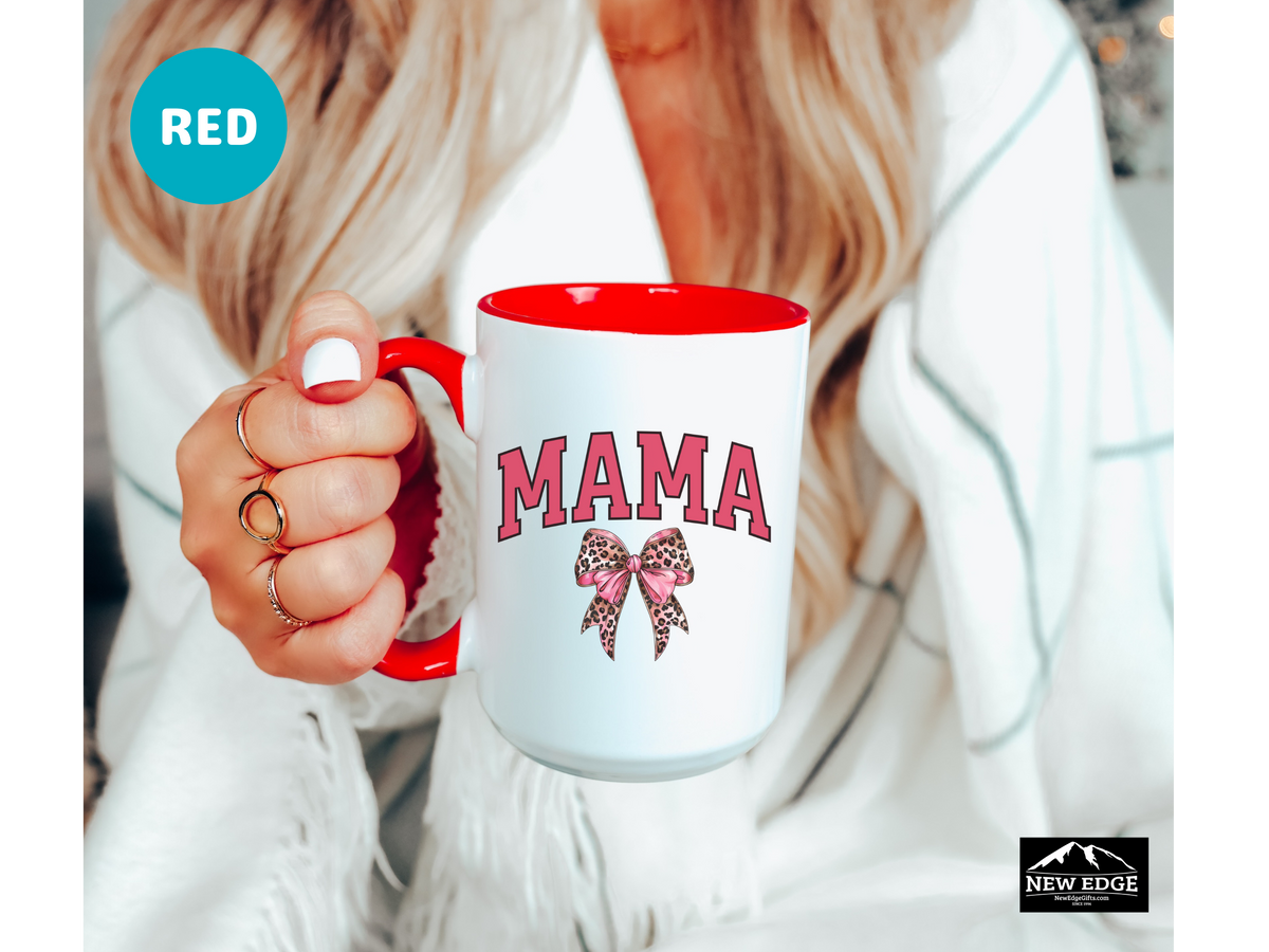 MAMA Letters Coffee Mug with Leopard Print Coquette Bow – 11oz & 15oz Accent Mug – Stylish Chic Mama Gift – Cute Animal Print Coffee Cup