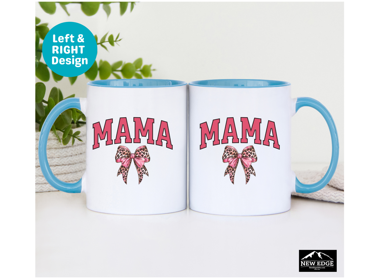 MAMA Letters Coffee Mug with Leopard Print Coquette Bow – 11oz & 15oz Accent Mug – Stylish Chic Mama Gift – Cute Animal Print Coffee Cup