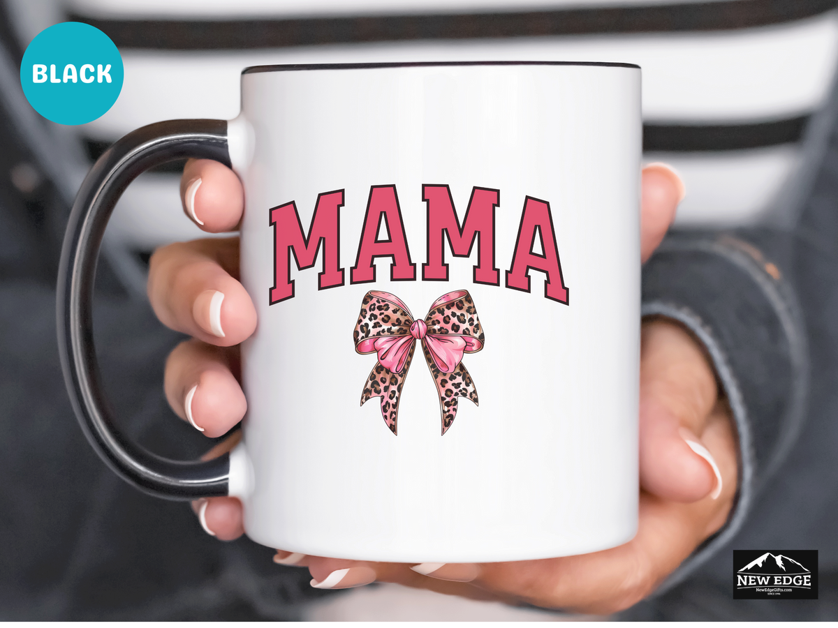MAMA Letters Coffee Mug with Leopard Print Coquette Bow – 11oz & 15oz Accent Mug – Stylish Chic Mama Gift – Cute Animal Print Coffee Cup