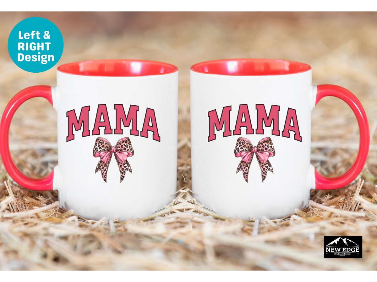 MAMA Letters Coffee Mug with Leopard Print Coquette Bow – 11oz & 15oz Accent Mug – Stylish Chic Mama Gift – Cute Animal Print Coffee Cup