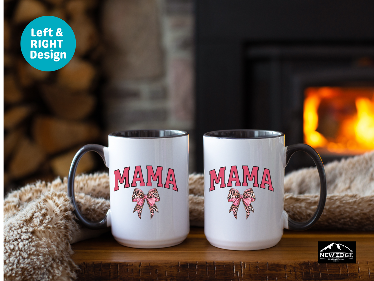 MAMA Letters Coffee Mug with Leopard Print Coquette Bow – 11oz & 15oz Accent Mug – Stylish Chic Mama Gift – Cute Animal Print Coffee Cup