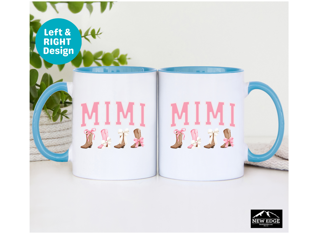MIMI Letters Coffee Mug with Cowboy Boots and Bow – 11oz & 15oz Accent Mug – Cute Western Gift for Mimi – Country Style Coffee Cup