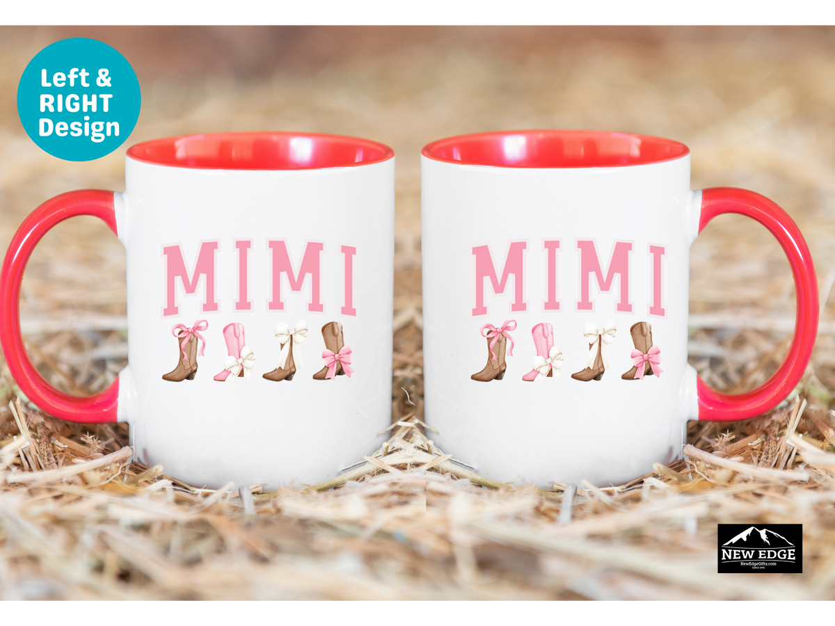 MIMI Letters Coffee Mug with Cowboy Boots and Bow – 11oz & 15oz Accent Mug – Cute Western Gift for Mimi – Country Style Coffee Cup