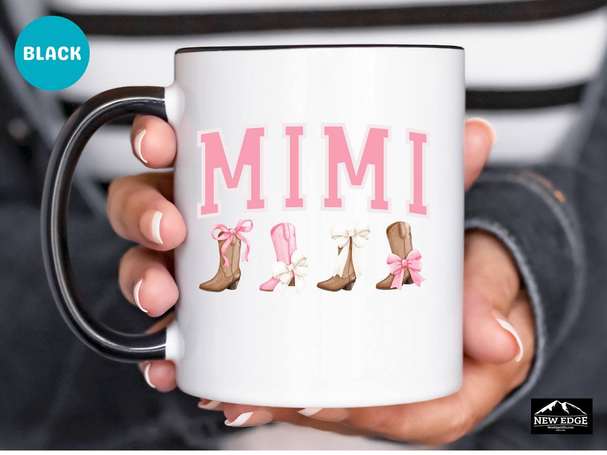 MIMI Letters Coffee Mug with Cowboy Boots and Bow – 11oz & 15oz Accent Mug – Cute Western Gift for Mimi – Country Style Coffee Cup