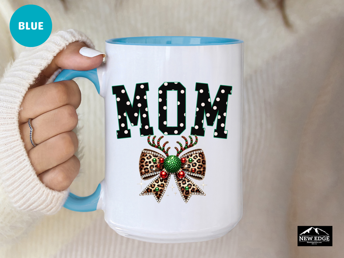 MOM Accent Mug – 11oz & 15oz – Coquette Leopard Print with Bling Bow – Stylish & Fun Gift for Moms