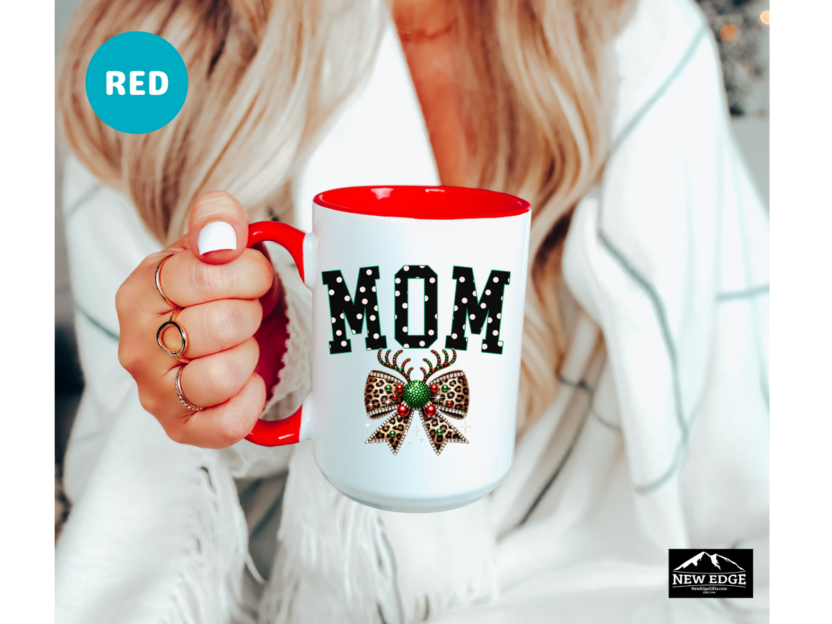 MOM Accent Mug – 11oz & 15oz – Coquette Leopard Print with Bling Bow – Stylish & Fun Gift for Moms