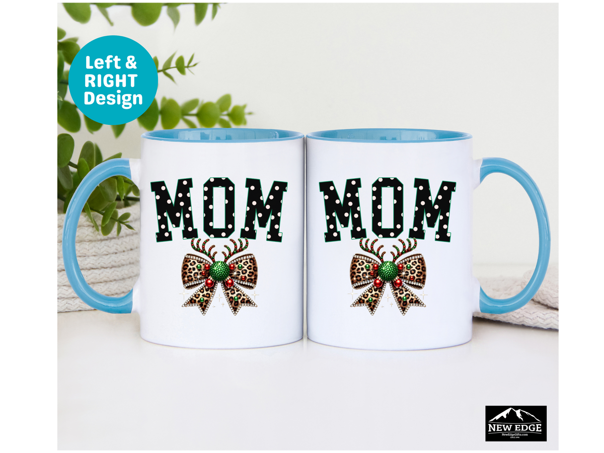 MOM Accent Mug – 11oz & 15oz – Coquette Leopard Print with Bling Bow – Stylish & Fun Gift for Moms