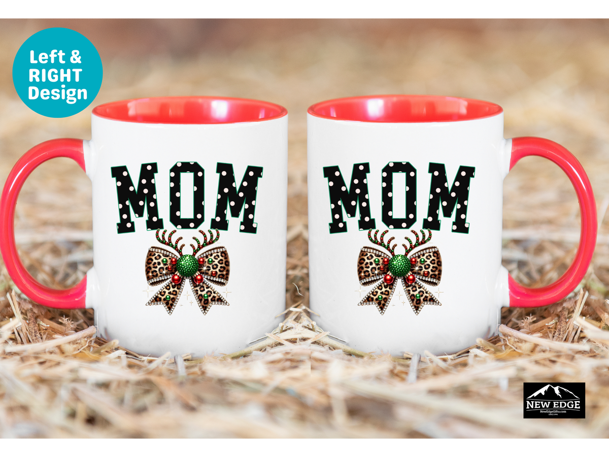 MOM Accent Mug – 11oz & 15oz – Coquette Leopard Print with Bling Bow – Stylish & Fun Gift for Moms