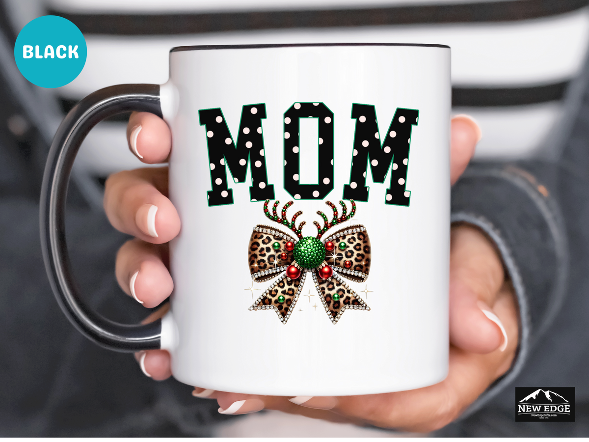 MOM Accent Mug – 11oz & 15oz – Coquette Leopard Print with Bling Bow – Stylish & Fun Gift for Moms
