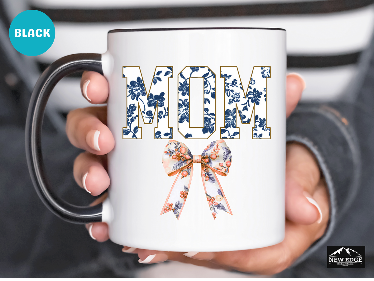 MOM Letters with Blue Floral and Coquette Bow Coffee Mug – 11oz & 15oz Accent Mug – Cute Mother’s Day Gift – Stylish Floral Mom Mug