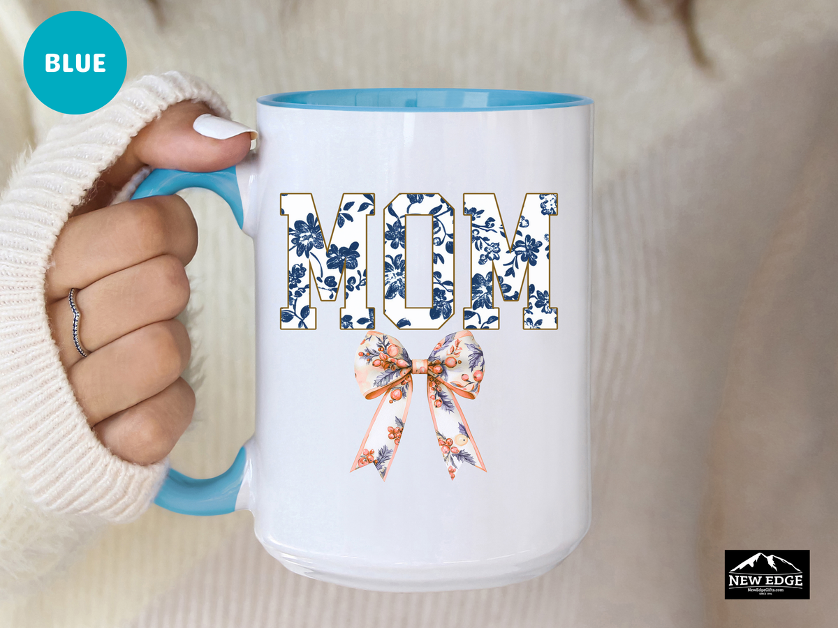 MOM Letters with Blue Floral and Coquette Bow Coffee Mug – 11oz & 15oz Accent Mug – Cute Mother’s Day Gift – Stylish Floral Mom Mug