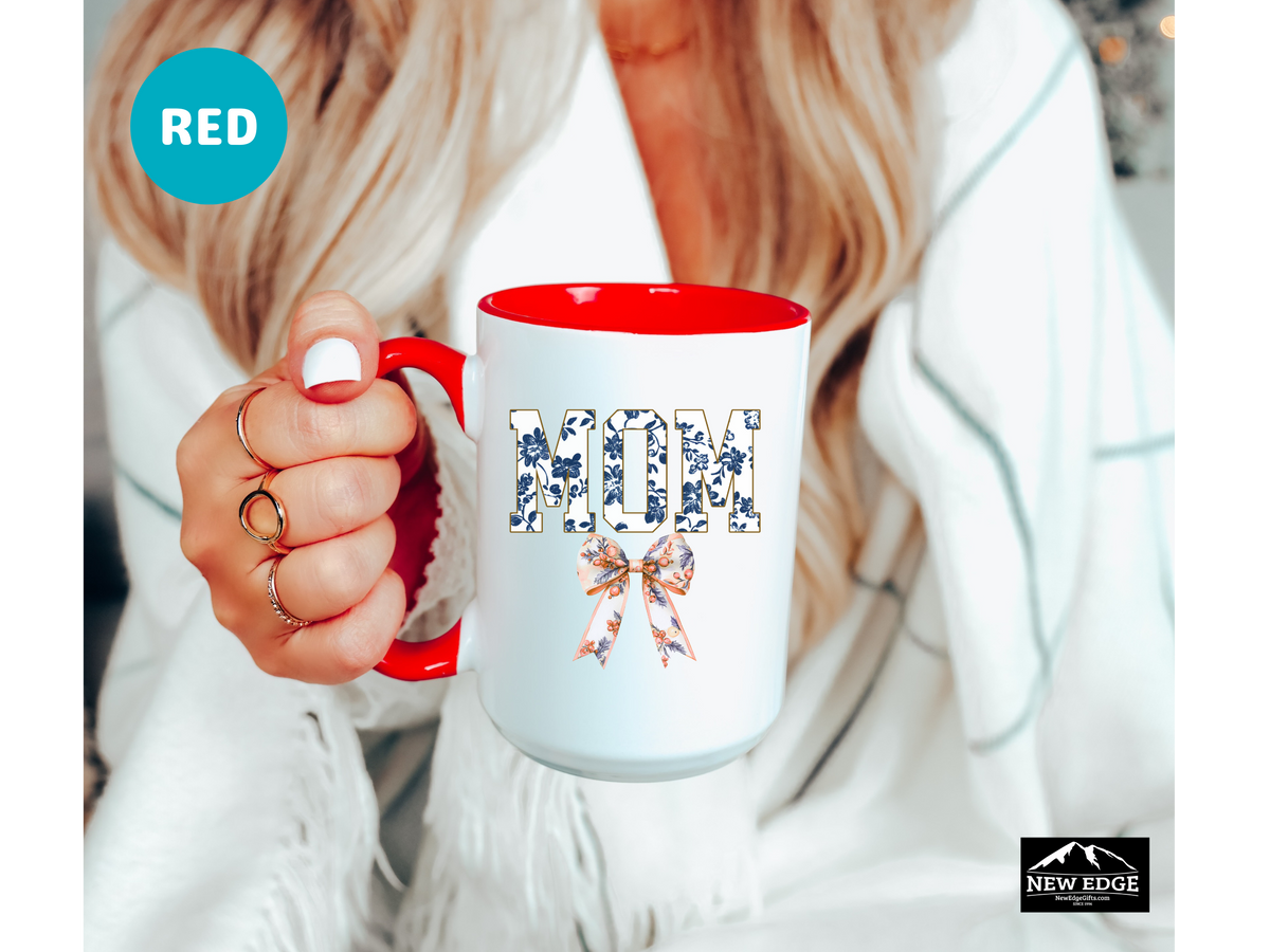 MOM Letters with Blue Floral and Coquette Bow Coffee Mug – 11oz & 15oz Accent Mug – Cute Mother’s Day Gift – Stylish Floral Mom Mug