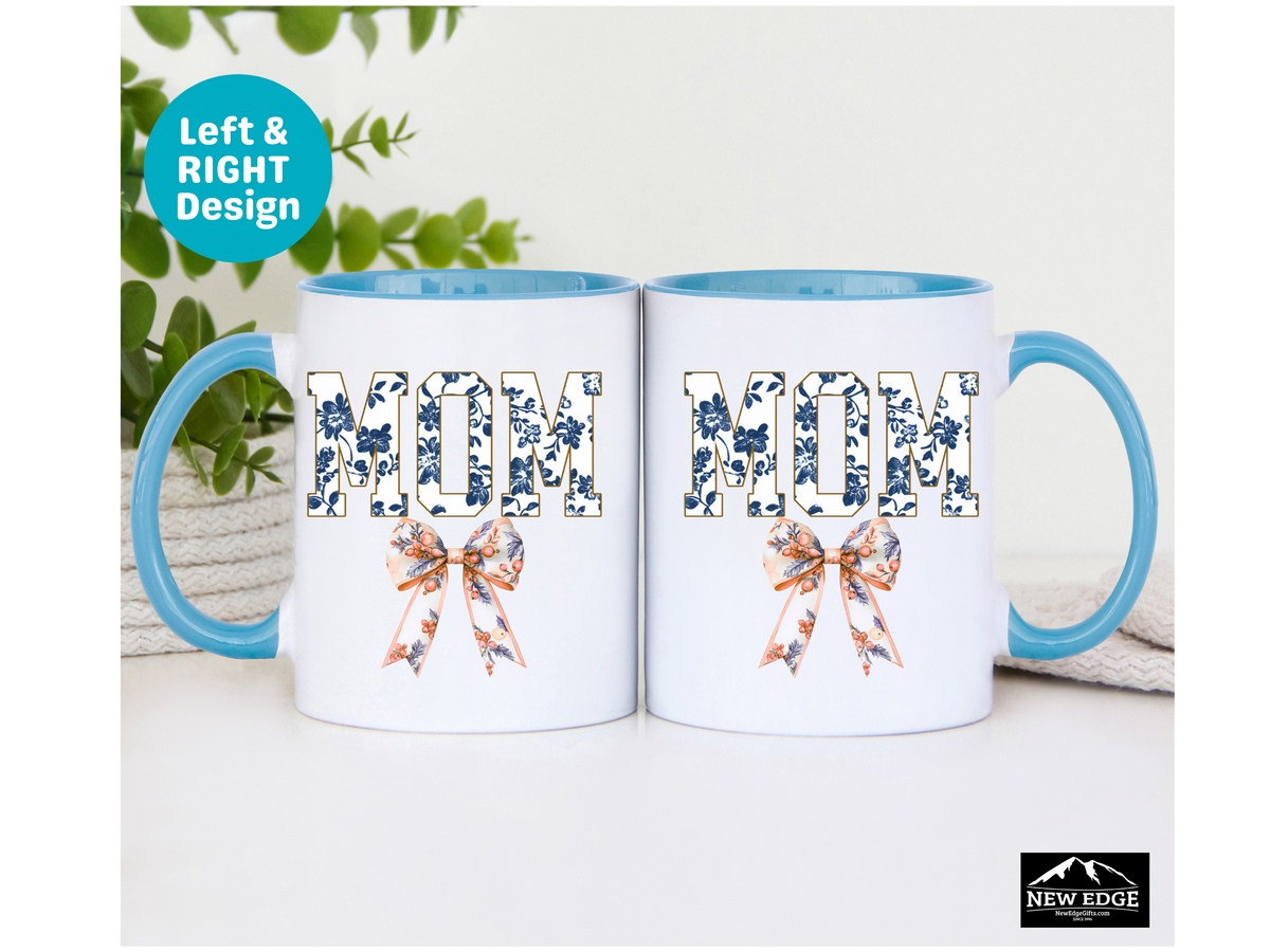 MOM Letters with Blue Floral and Coquette Bow Coffee Mug – 11oz & 15oz Accent Mug – Cute Mother’s Day Gift – Stylish Floral Mom Mug