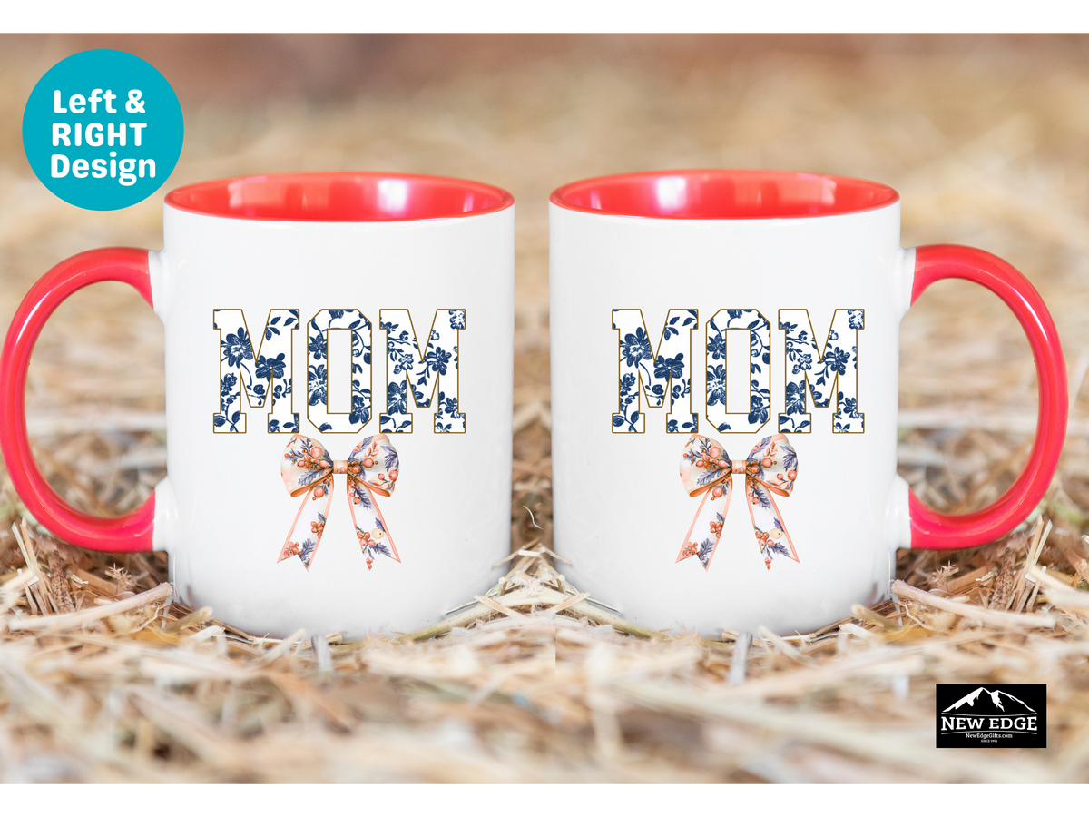 MOM Letters with Blue Floral and Coquette Bow Coffee Mug – 11oz & 15oz Accent Mug – Cute Mother’s Day Gift – Stylish Floral Mom Mug