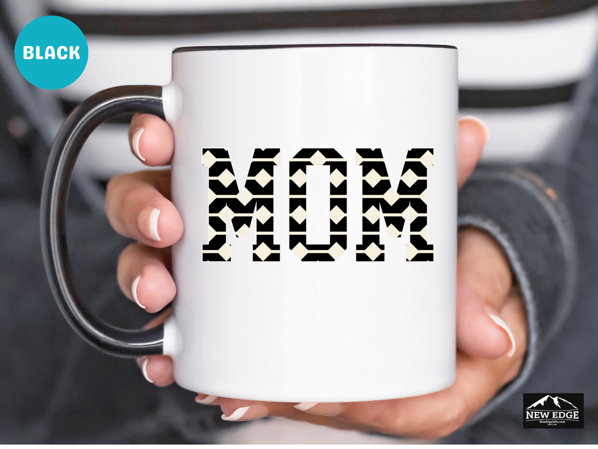 MOM Accent Mug – 11oz & 15oz – Elegant Black and Cream Ceramic Coffee Cup – Stylish Gift for Moms
