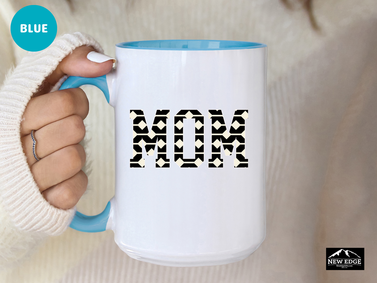 MOM Accent Mug – 11oz & 15oz – Elegant Black and Cream Ceramic Coffee Cup – Stylish Gift for Moms
