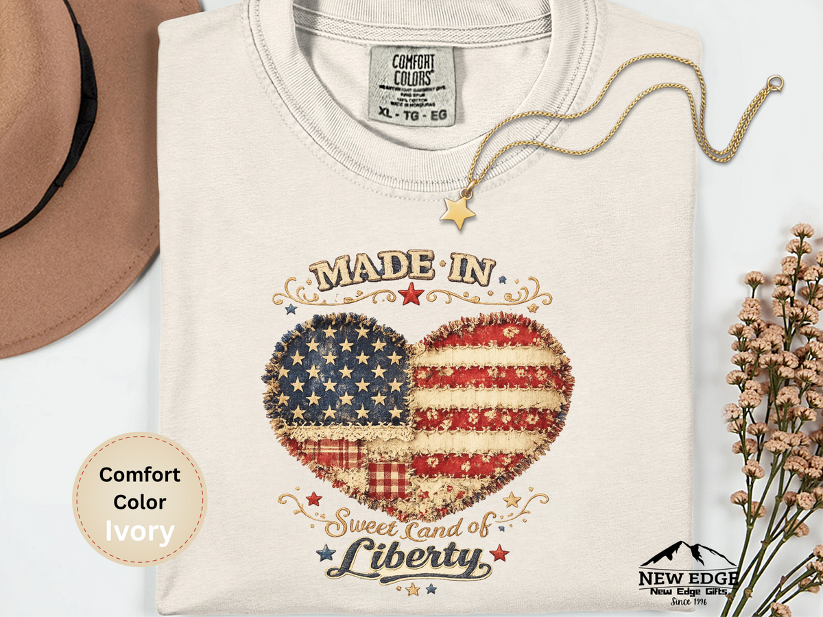 Made in America Sweet Land of Liberty Faux Patchwork Comfort Colors T Shirt Patriotic Americana Graphic Tee