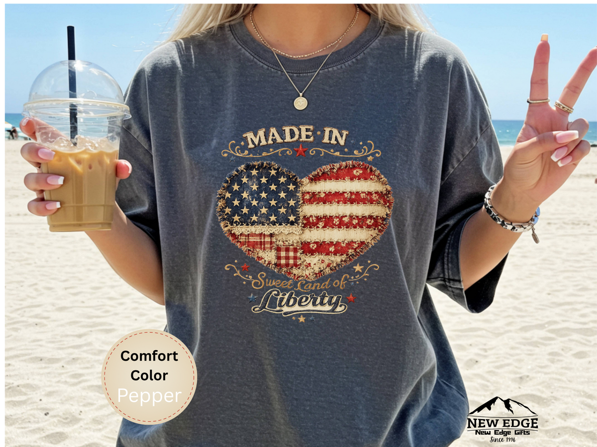 Made in America Sweet Land of Liberty Faux Patchwork Comfort Colors T Shirt Patriotic Americana Graphic Tee
