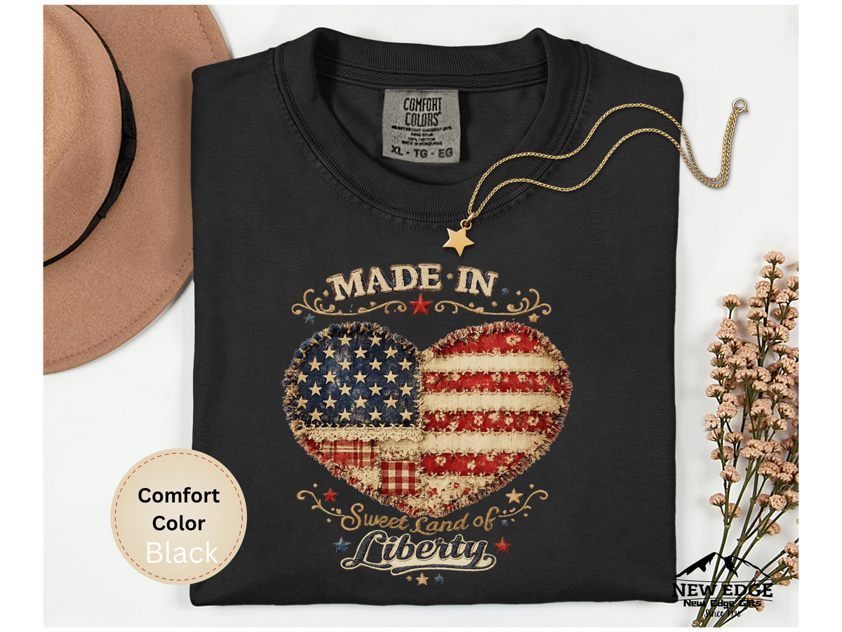 Made in America Sweet Land of Liberty Faux Patchwork Comfort Colors T Shirt Patriotic Americana Graphic Tee