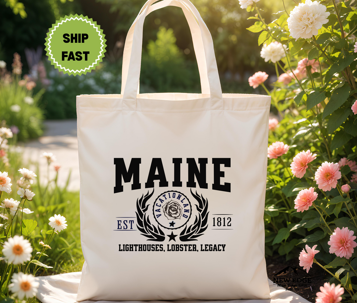 Maine State Lighthouses, Lobster, Legacy Cotton Canvas Tote Bag – Eco-Friendly Reusable Shopping Tote, Coastal Travel Gift & New England State Pride Bag