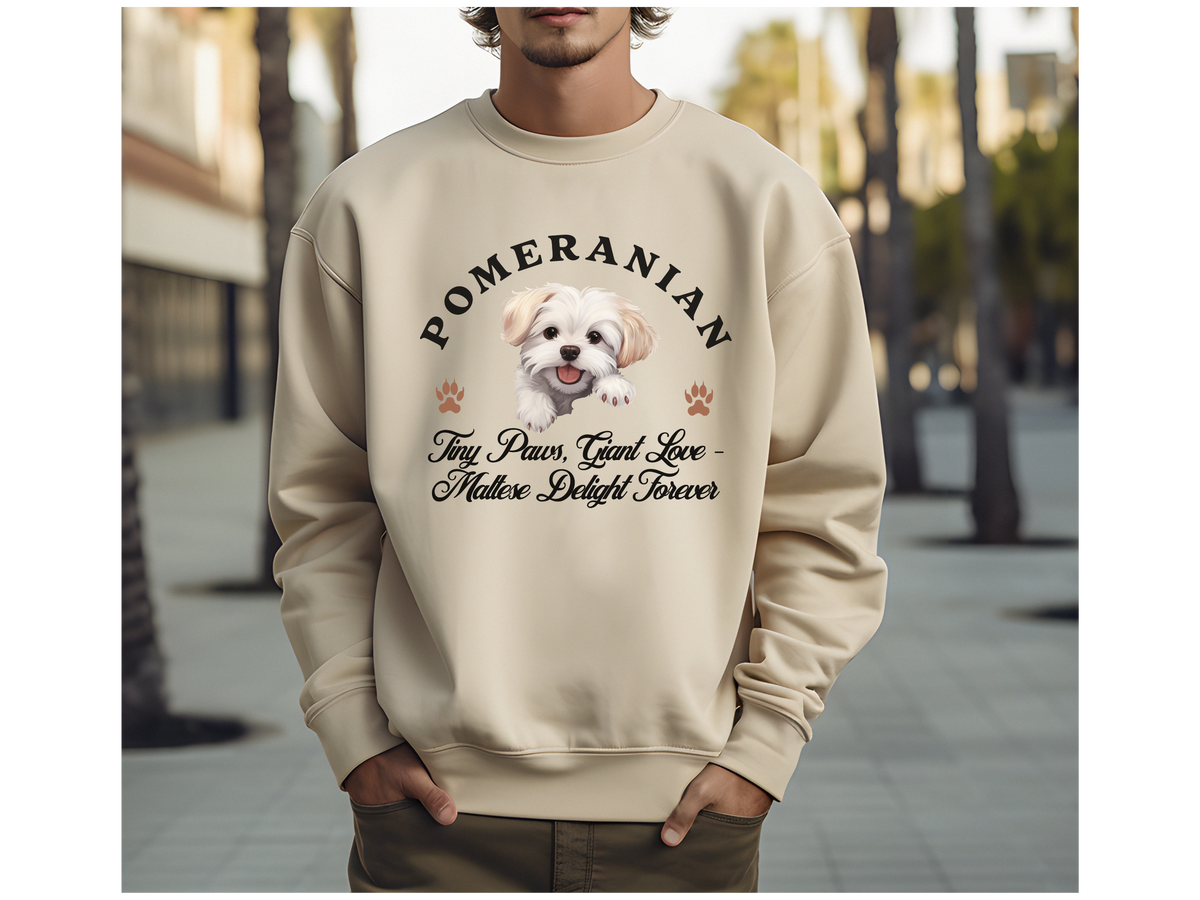 Maltese Sweatshirt – Tiny Paws, Giant Love – Maltese Delight Forever – Unisex Dog Lover Apparel