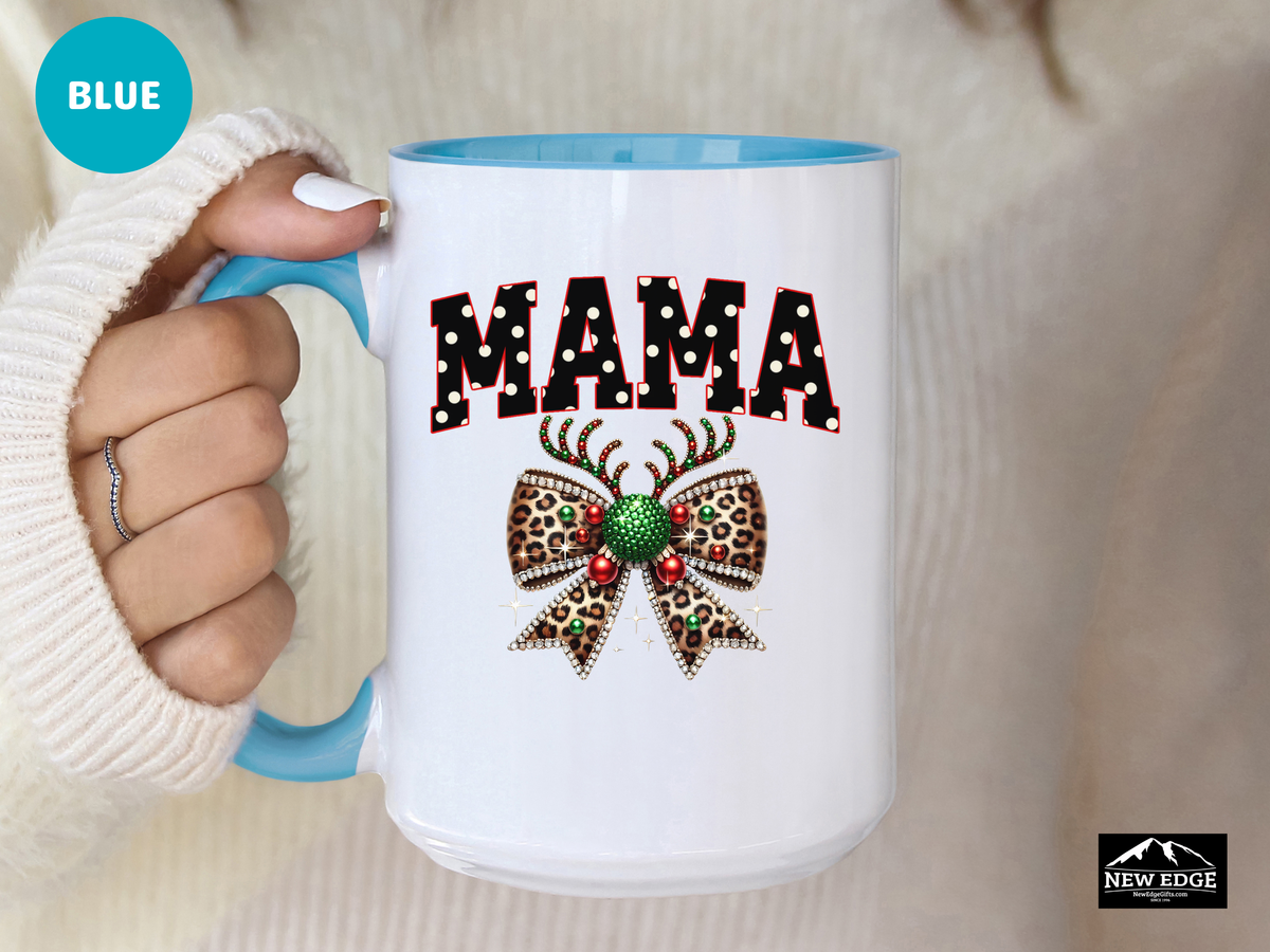 Mama Accent Mug – 11oz & 15oz – Coquette Leopard Print with Bling Bow – Cute & Trendy Coffee Cup for Moms