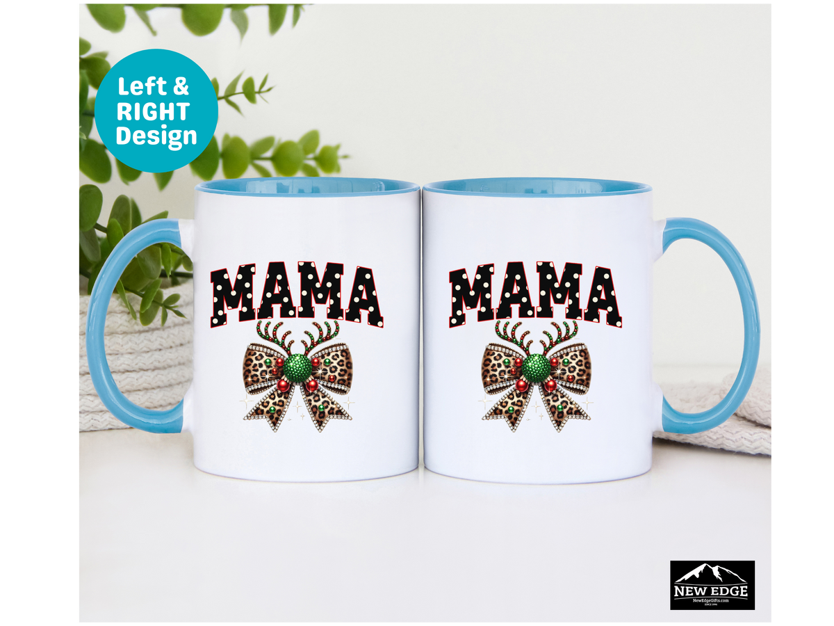 Mama Accent Mug – 11oz & 15oz – Coquette Leopard Print with Bling Bow – Cute & Trendy Coffee Cup for Moms