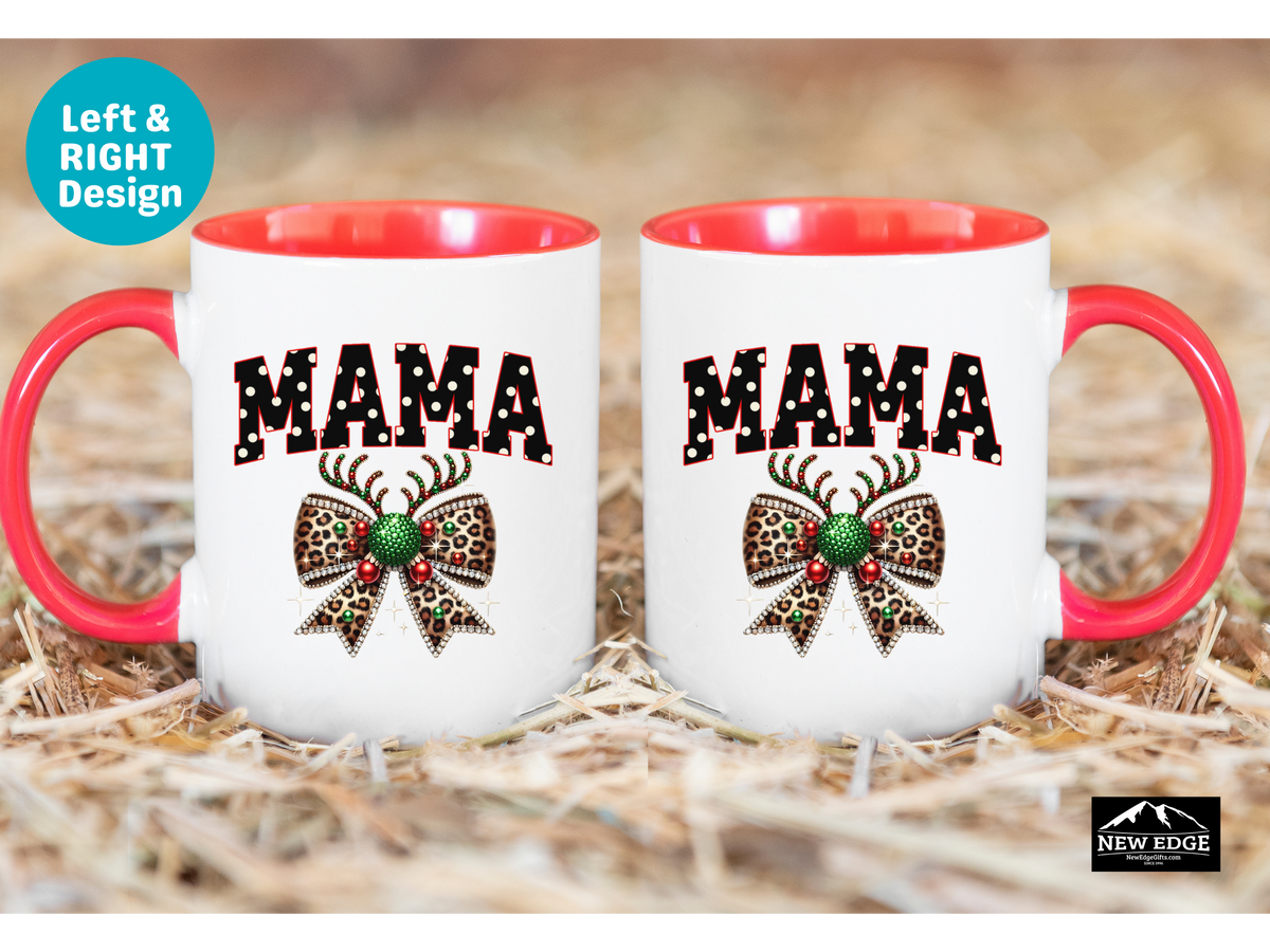 Mama Accent Mug – 11oz & 15oz – Coquette Leopard Print with Bling Bow – Cute & Trendy Coffee Cup for Moms