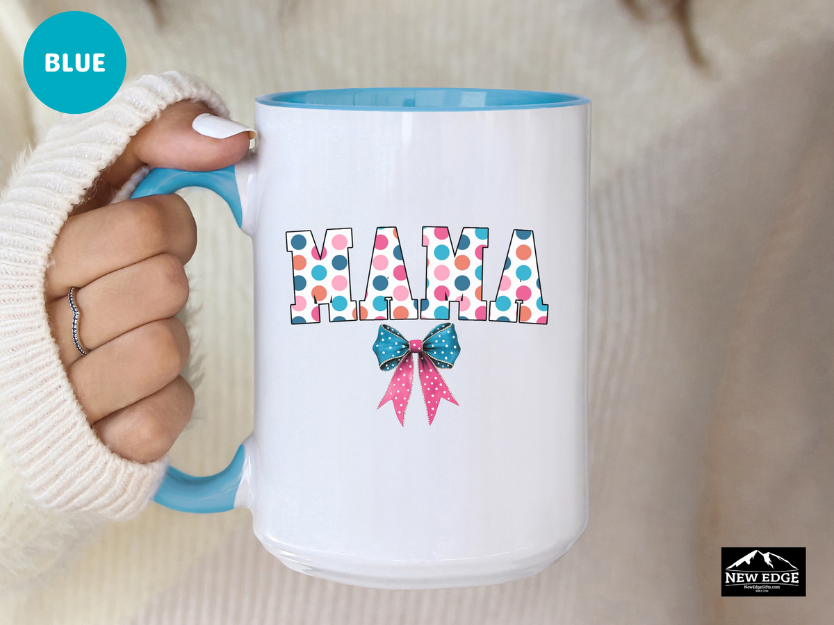 Mama Accent Mug – 11oz & 15oz – Poker Retro Dots Coquette Aesthetic with Bow – Cute & Trendy Coffee Cup for Moms
