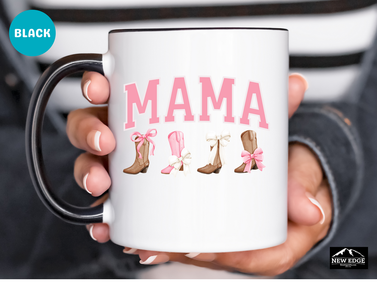 Mommy Letters Coffee Mug with Cowboy Boots and Bows – 11oz & 15oz Accent Mug – Cute Western Country Mom Gift