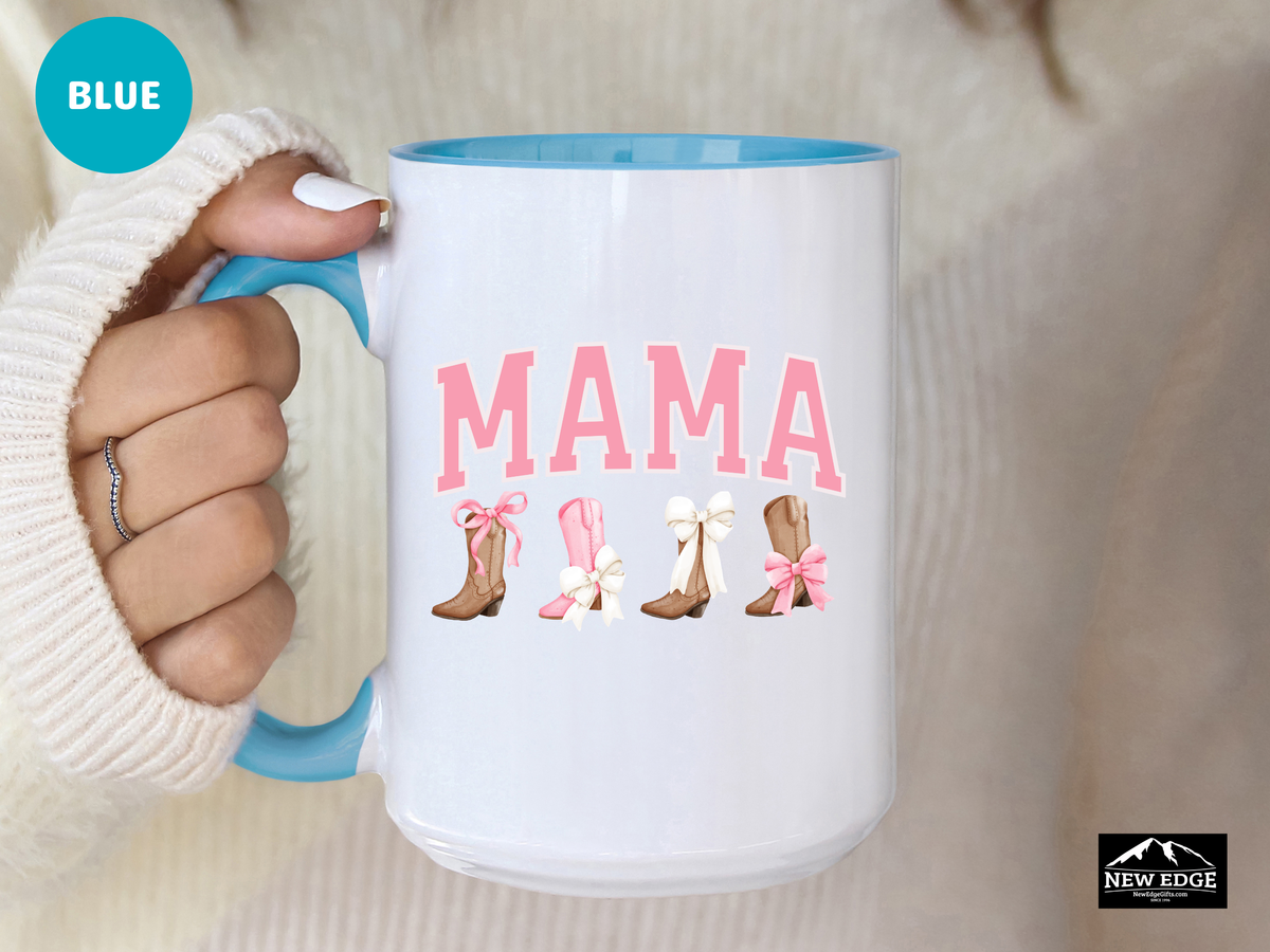 Mommy Letters Coffee Mug with Cowboy Boots and Bows – 11oz & 15oz Accent Mug – Cute Western Country Mom Gift