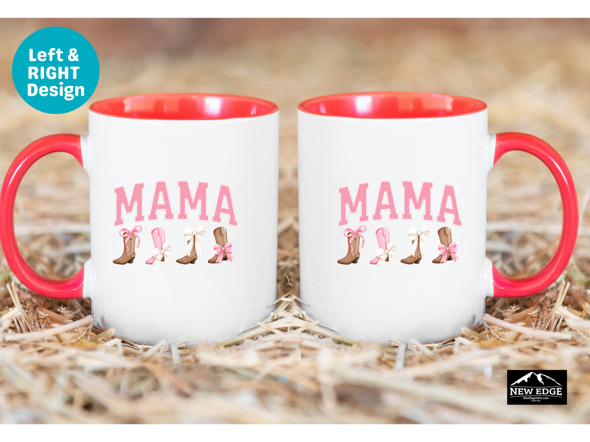 Mommy Letters Coffee Mug with Cowboy Boots and Bows – 11oz & 15oz Accent Mug – Cute Western Country Mom Gift