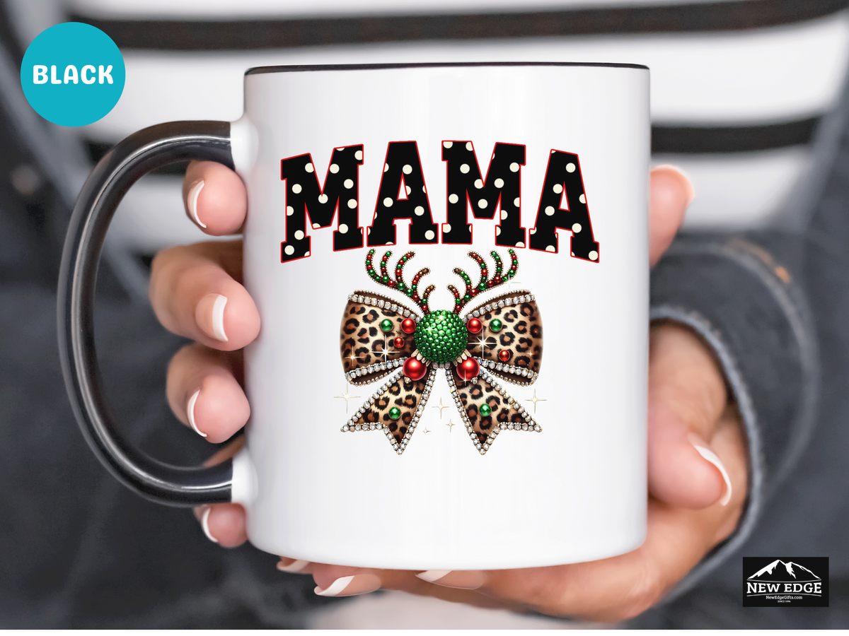 Mama Accent Mug – 11oz & 15oz – Coquette Leopard Print with Bling Bow – Cute & Trendy Coffee Cup for Moms