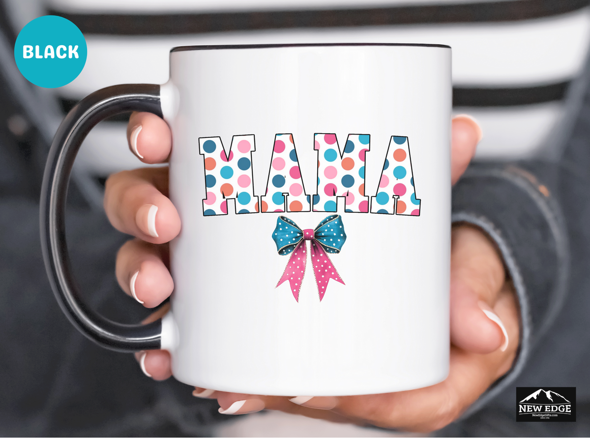 Mama Accent Mug – 11oz & 15oz – Poker Retro Dots Coquette Aesthetic with Bow – Cute & Trendy Coffee Cup for Moms