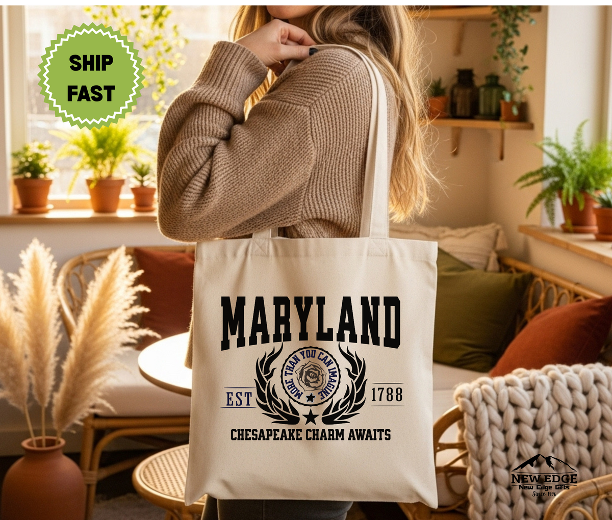 Maryland State Chesapeake Charm Awaits Cotton Canvas Tote Bag – Eco-Friendly Reusable Shopping Tote, Travel Gift & Mid-Atlantic State Pride Bag