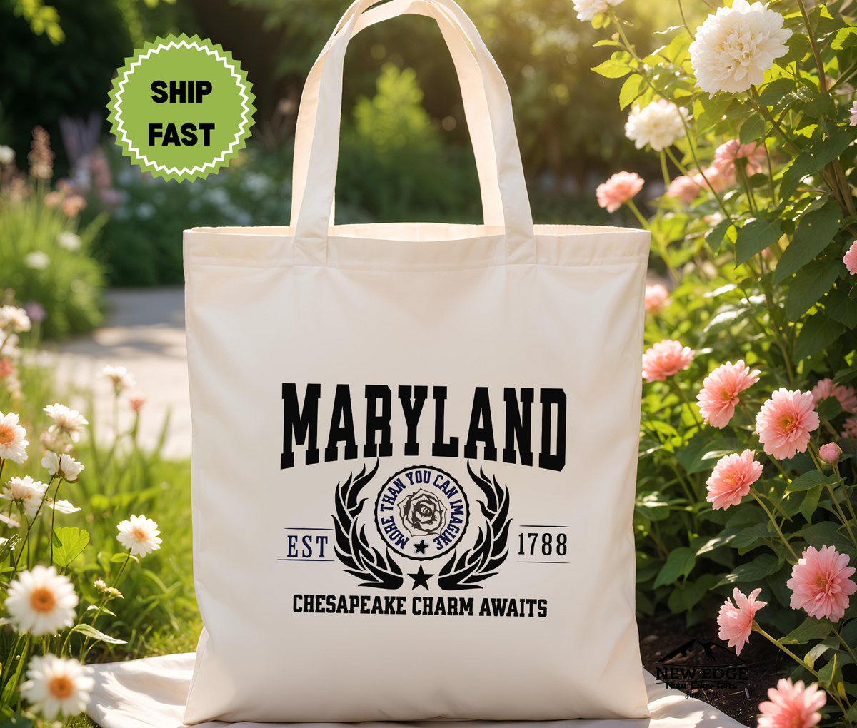 Maryland State Chesapeake Charm Awaits Cotton Canvas Tote Bag – Eco-Friendly Reusable Shopping Tote, Travel Gift & Mid-Atlantic State Pride Bag