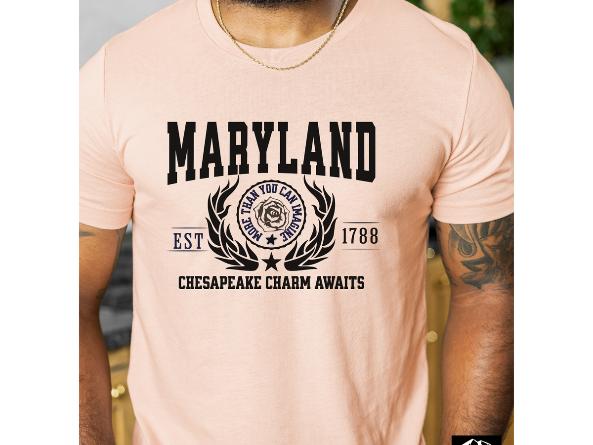Maryland State Legacy T-Shirt – Unisex Chesapeake Bay Pride Tee | "Chesapeake Charm Awaits" | Mid-Atlantic Heritage Shirt