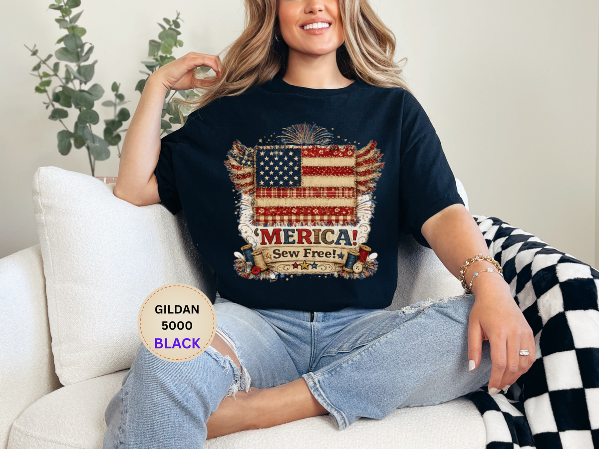 Patriotic 'MERICA! Sew Free' Flag Gildan 5000 T-Shirt