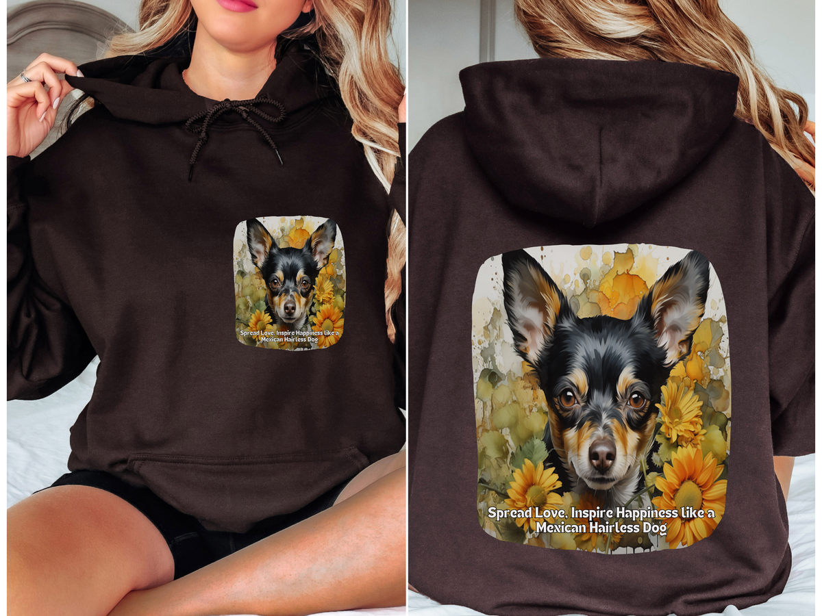 Spread Love, Inspire Happiness – Sunflower Mexican Hairless Dog Unisex Hoodie