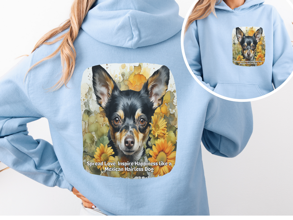 Spread Love, Inspire Happiness – Sunflower Mexican Hairless Dog Unisex Hoodie