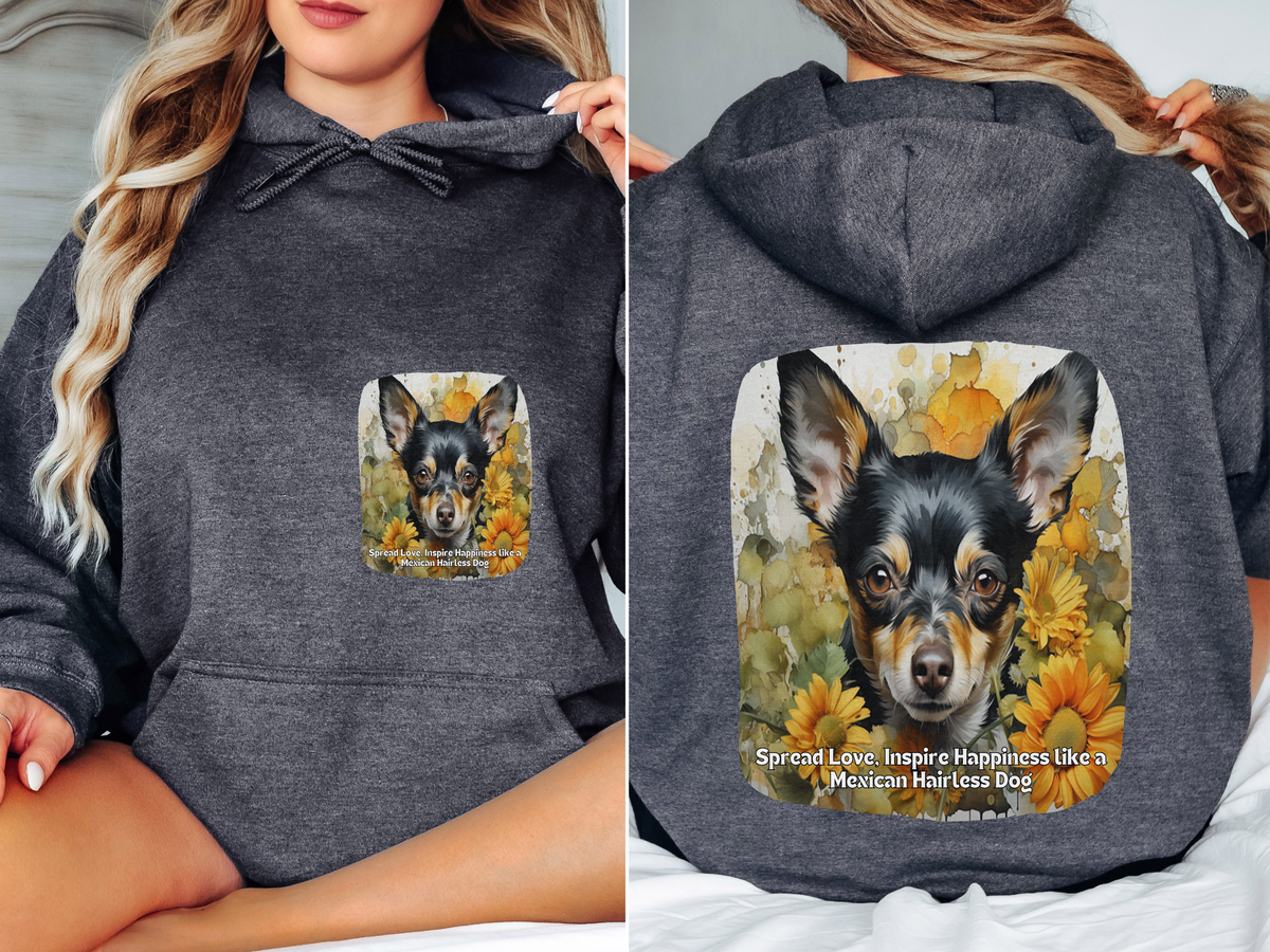 Spread Love, Inspire Happiness – Sunflower Mexican Hairless Dog Unisex Hoodie