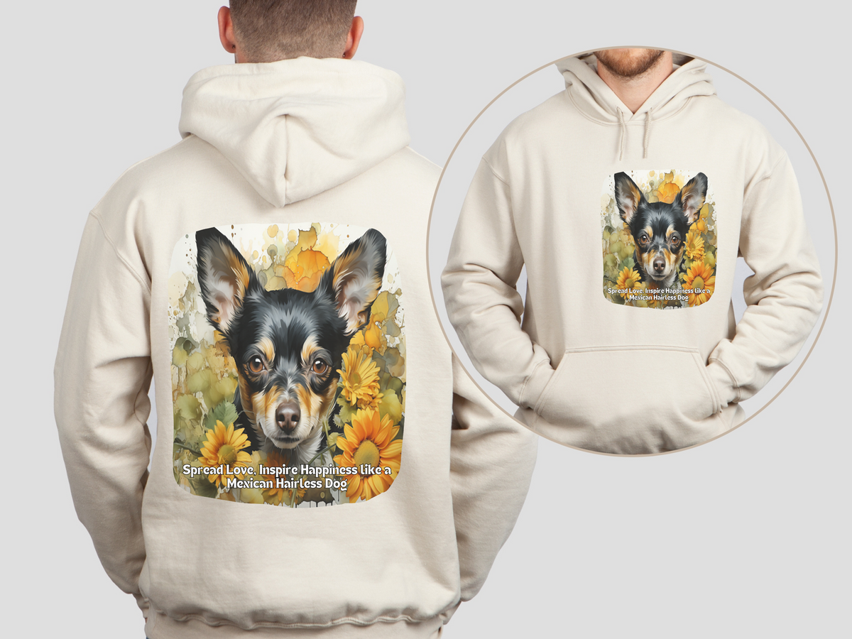 Spread Love, Inspire Happiness – Sunflower Mexican Hairless Dog Unisex Hoodie