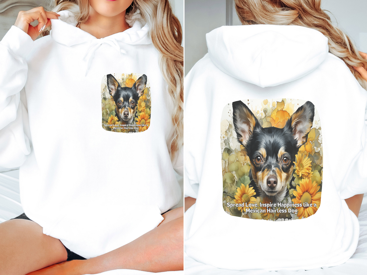 Spread Love, Inspire Happiness – Sunflower Mexican Hairless Dog Unisex Hoodie