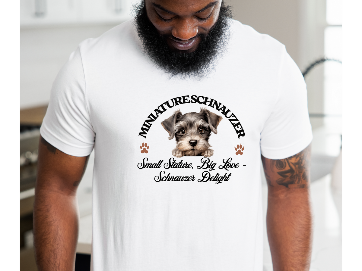 Miniature Schnauzer T-Shirt – Unisex Tee with “Small Stature, Big Love – Schnauzer Delight” Slogan | Cute Dog Lover Gift