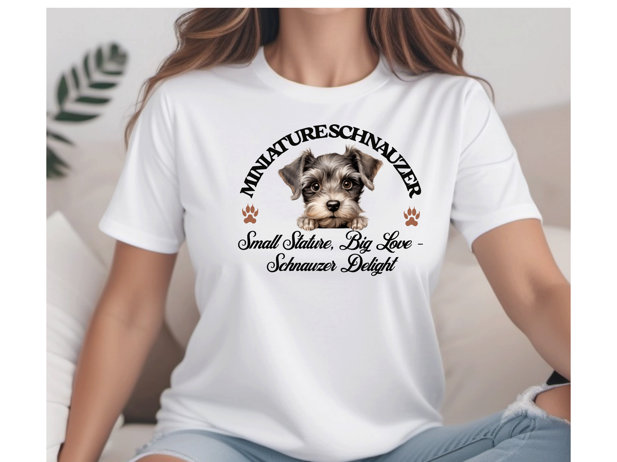 Miniature Schnauzer T-Shirt – Unisex Tee with “Small Stature, Big Love – Schnauzer Delight” Slogan | Cute Dog Lover Gift