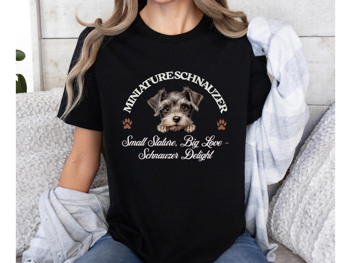 Miniature Schnauzer T-Shirt – Unisex Tee with “Small Stature, Big Love – Schnauzer Delight” Slogan | Cute Dog Lover Gift