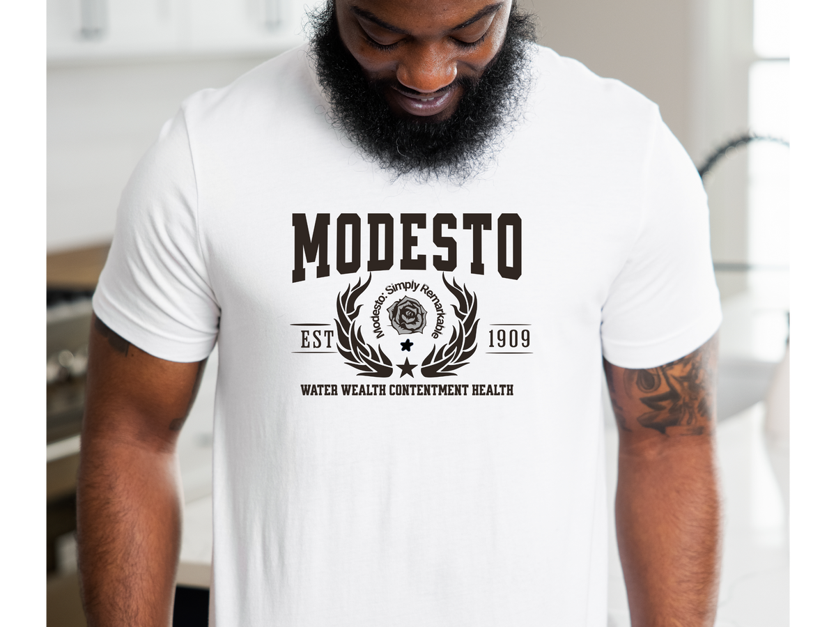 Modesto Legacy Unisex T-Shirt – "Water Wealth Contentment Health" | California Central Valley Pride Tee