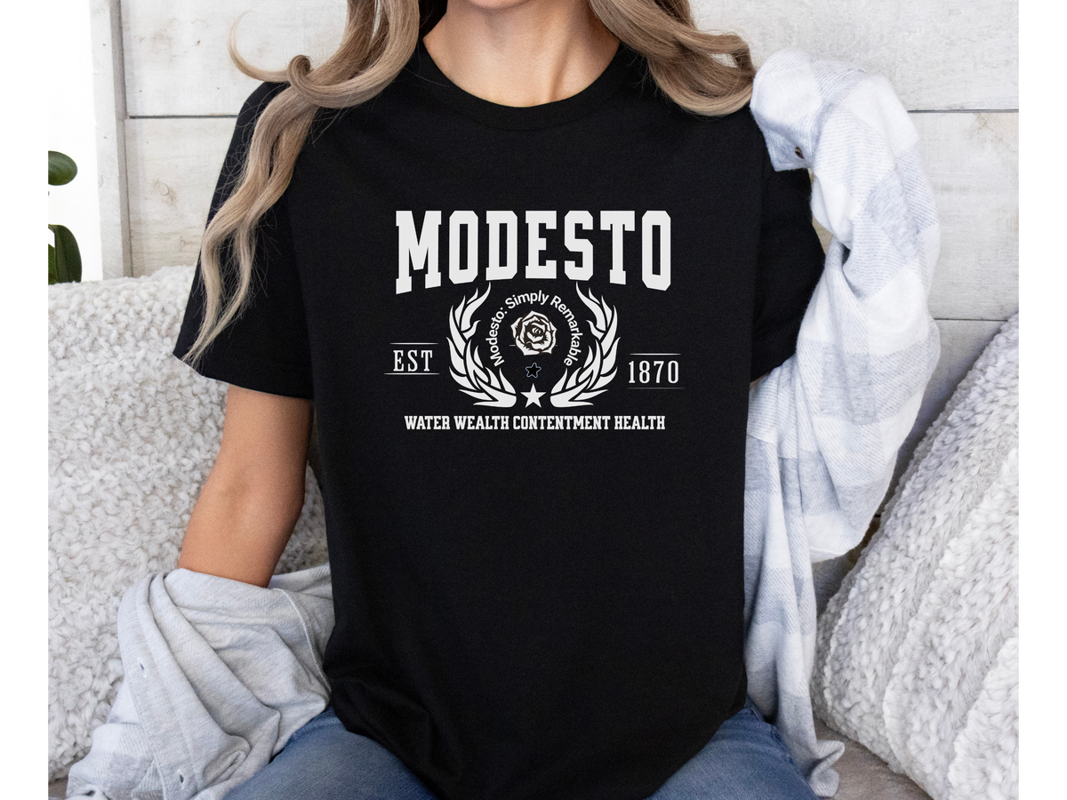 Modesto Legacy Unisex T-Shirt – "Water Wealth Contentment Health" | California Central Valley Pride Tee