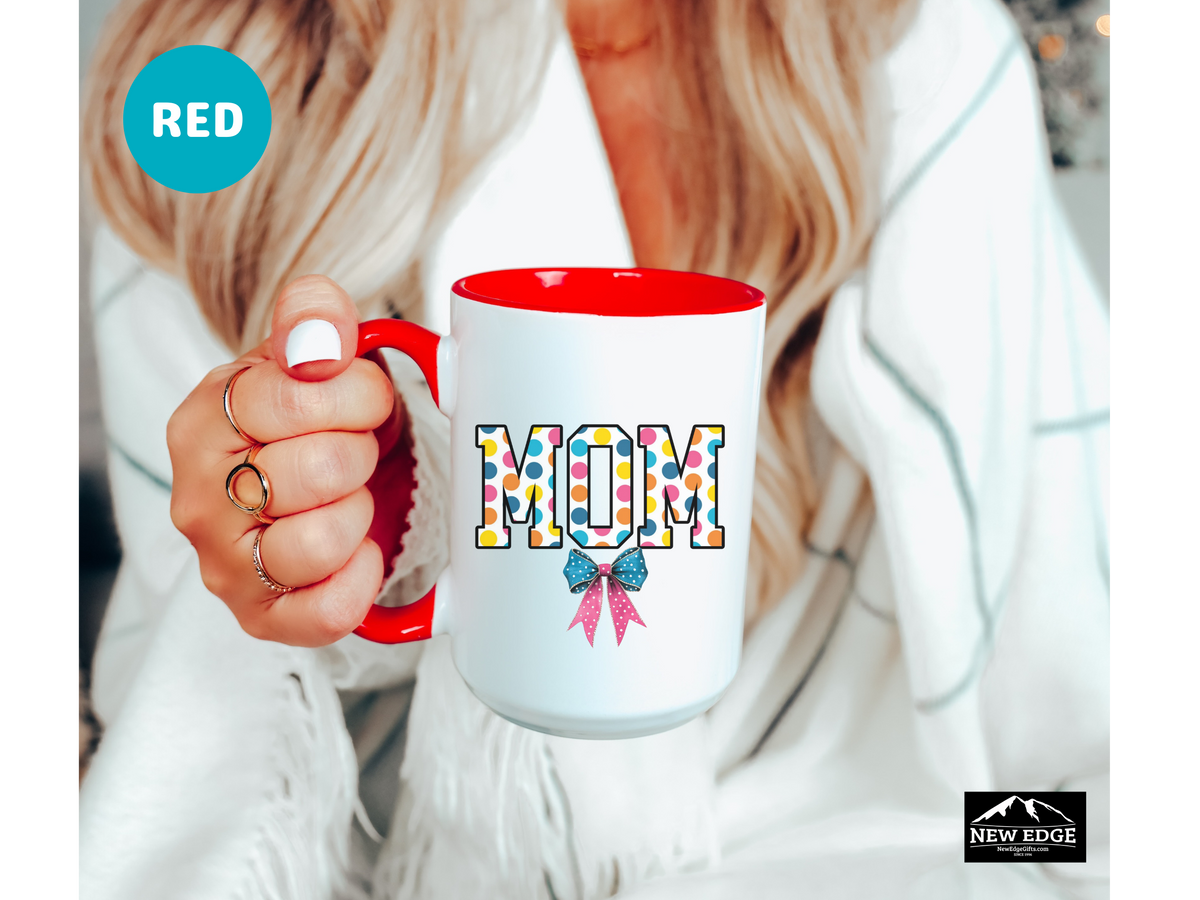 Mom Accent Mug – 11oz & 15oz – Poker Retro Dots with Coquette Bow Design – Cute Coffee Cup Gift for Moms